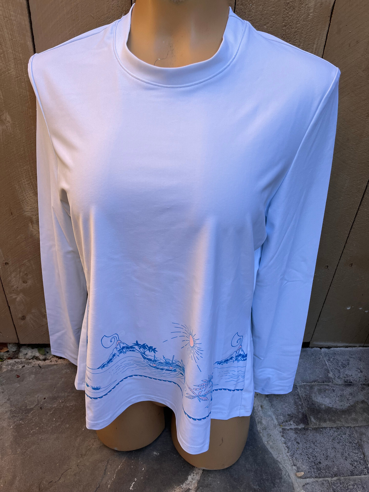 THORSUN Lillie Light Blue w/ Hawaiian Print Long Sleeve Rash Guard Top Womens L