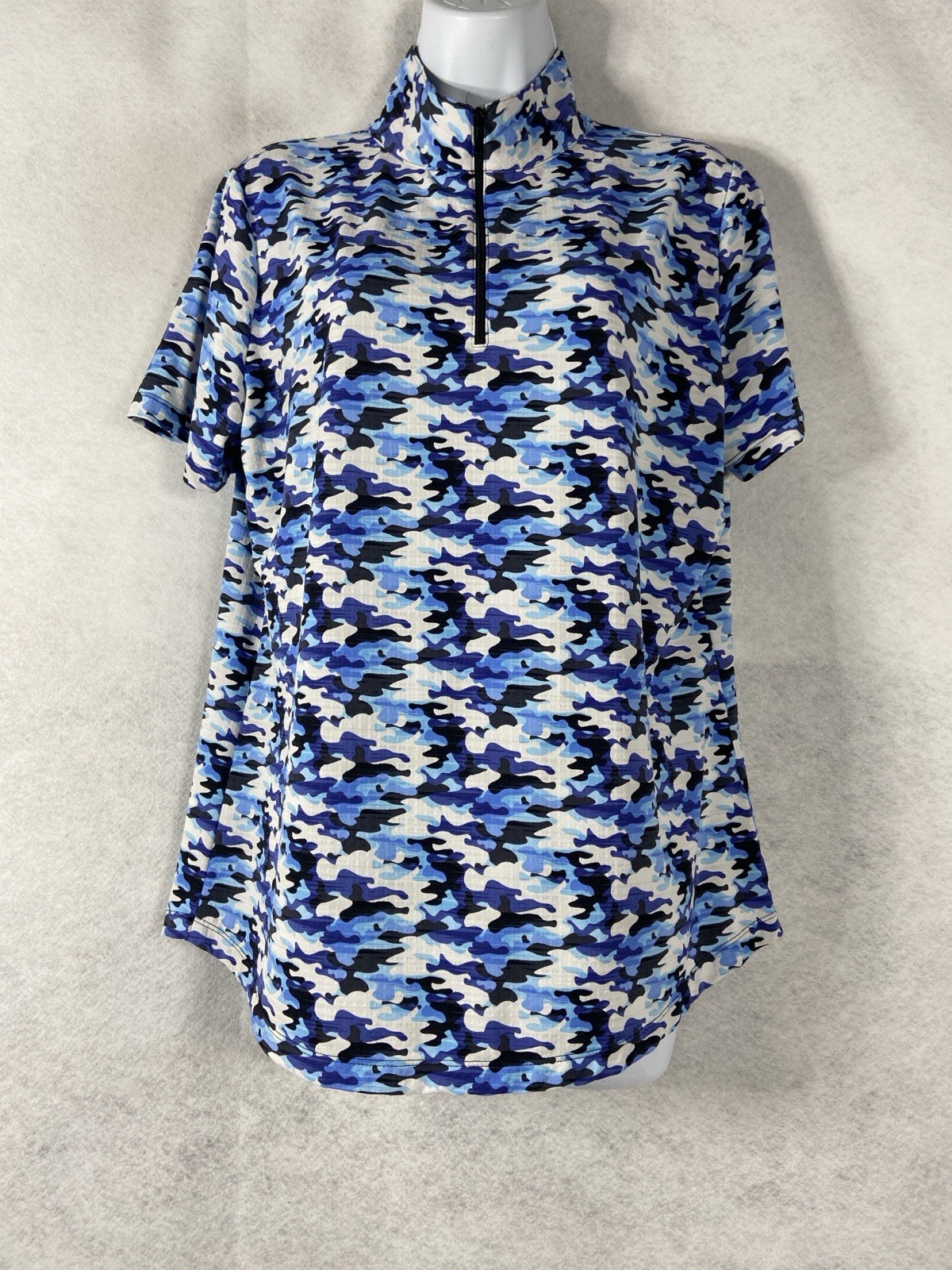 IBkul Top Women’s Large Blue White Mock Neck 1/4 Zip Short Sleeve Camo Golf