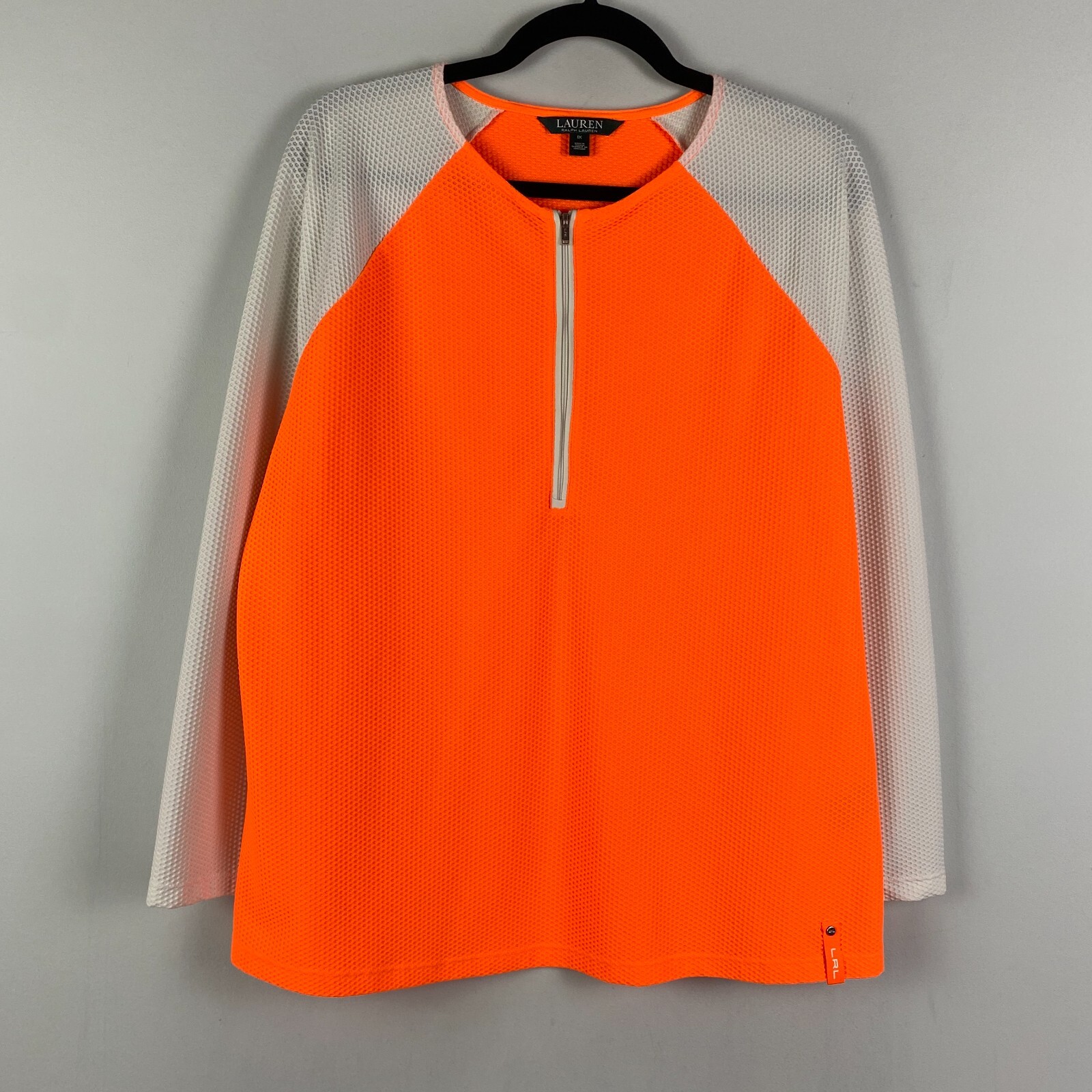 Ralph Lauren LRL Active Quarter 1/4 Zip Top Women Large Orange White Long Sleeve