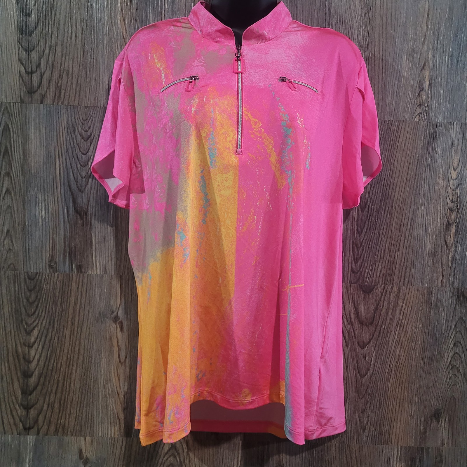 Jamie Sadock Golf Shirt XL? Pink Abstract Mock Neck Zip Pockets Colorful Artsy