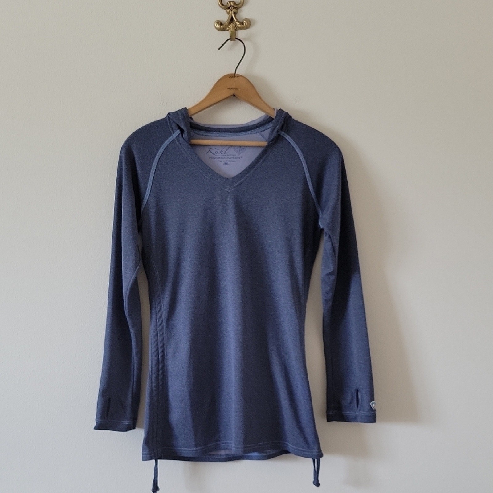 Kuhl Blue Grey Hooded Long Sleeve Tee Ruched Side Seam Size Medium