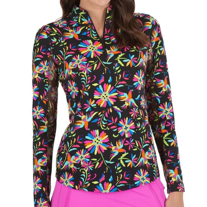 NWT IBKUL ESTELA BLACK MULTI Long Sleeve Mock Golf Tennis Shirt XS S M L XL XXL