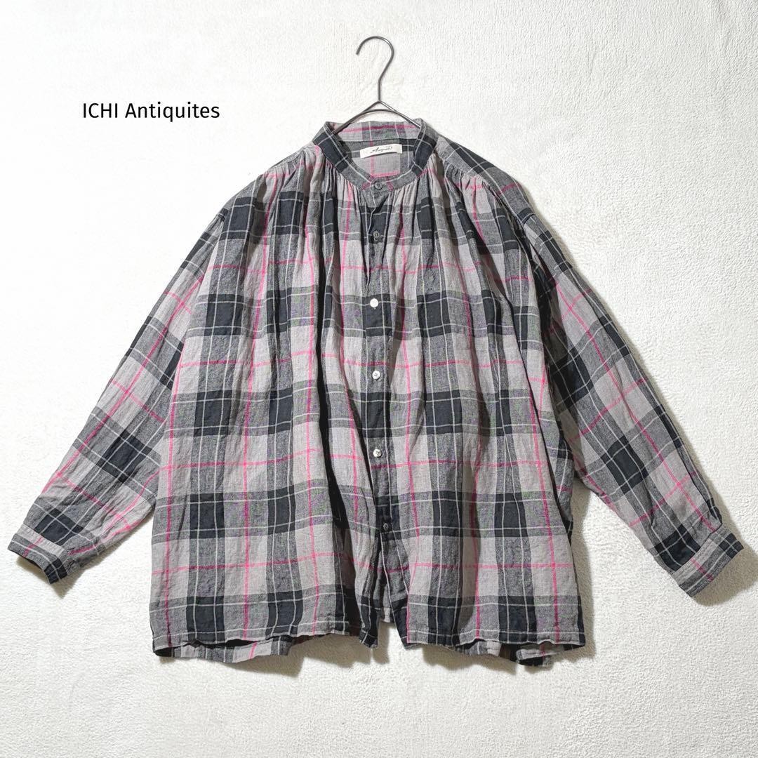 ICHI Antiquités 100% Linen Tartan Check Shirt Blouse Gray Pink Free Size Japan