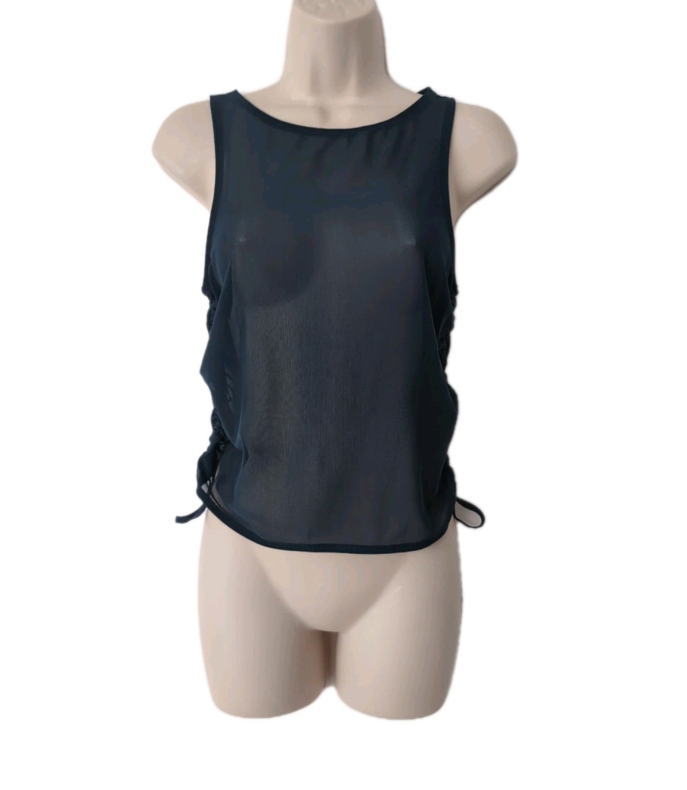 Sweaty Betty Bodycon Mesh Vest Tank Top XS Navy Blue Ruched Sides Layering GUC