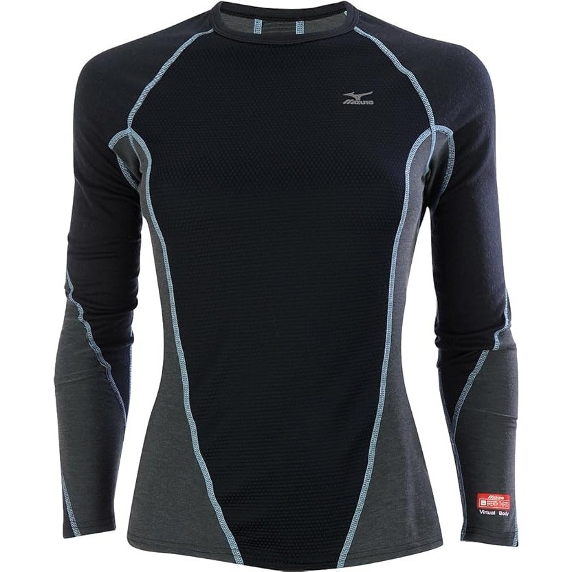 Mizuno Breath Thermo Base Layer Crew Neck Colorblock Black Alaskan Blue Large