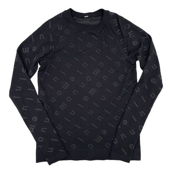 Lululemon Rest Less Pullover Logo Letter Black Graphite Grey Seamless Top Size 8