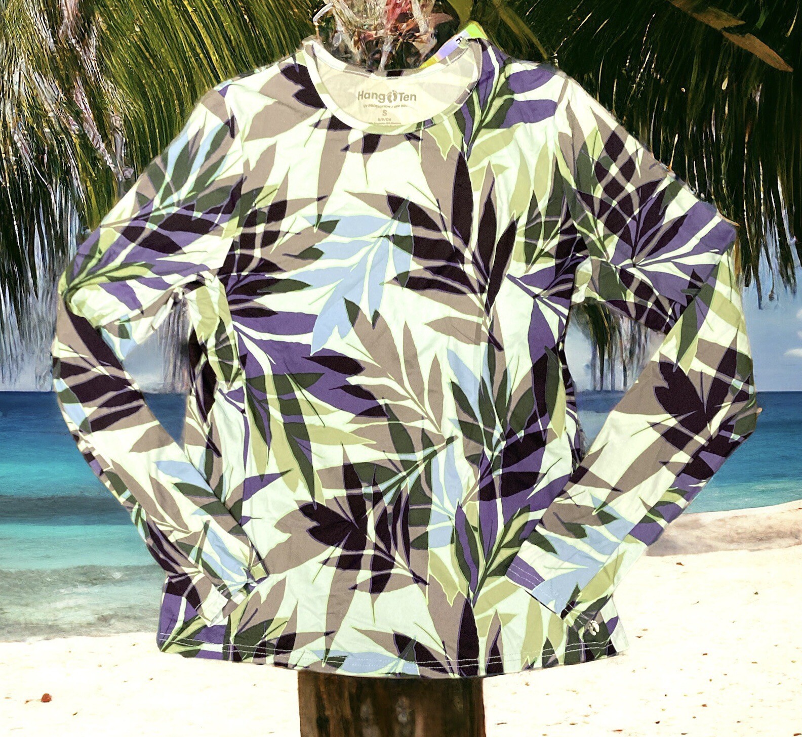 Hang Ten Women’s Small UPF Sun Tee Zip Pocket Quick Dry Mint Floral Shirt Swim