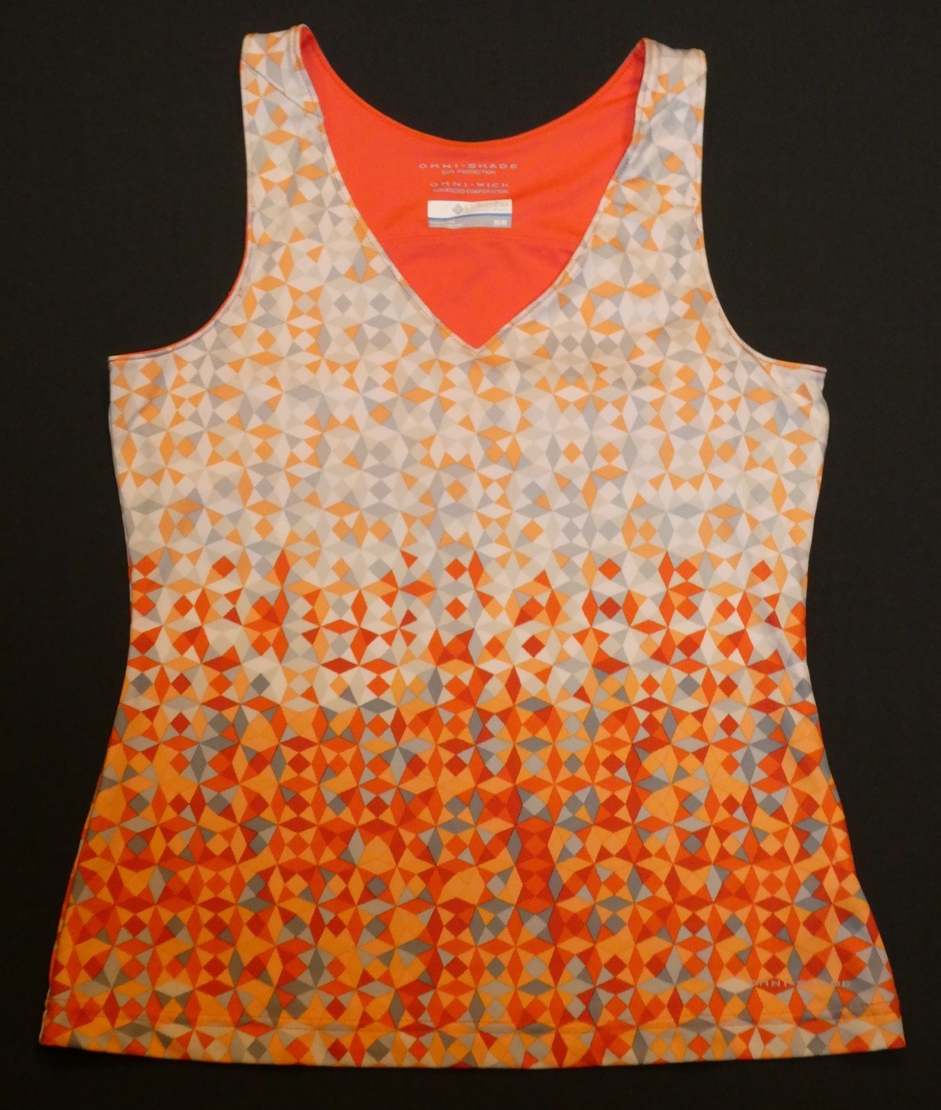 Columbia gray/white/orange/red diamonf print racer-back sports bra tank top Sz M