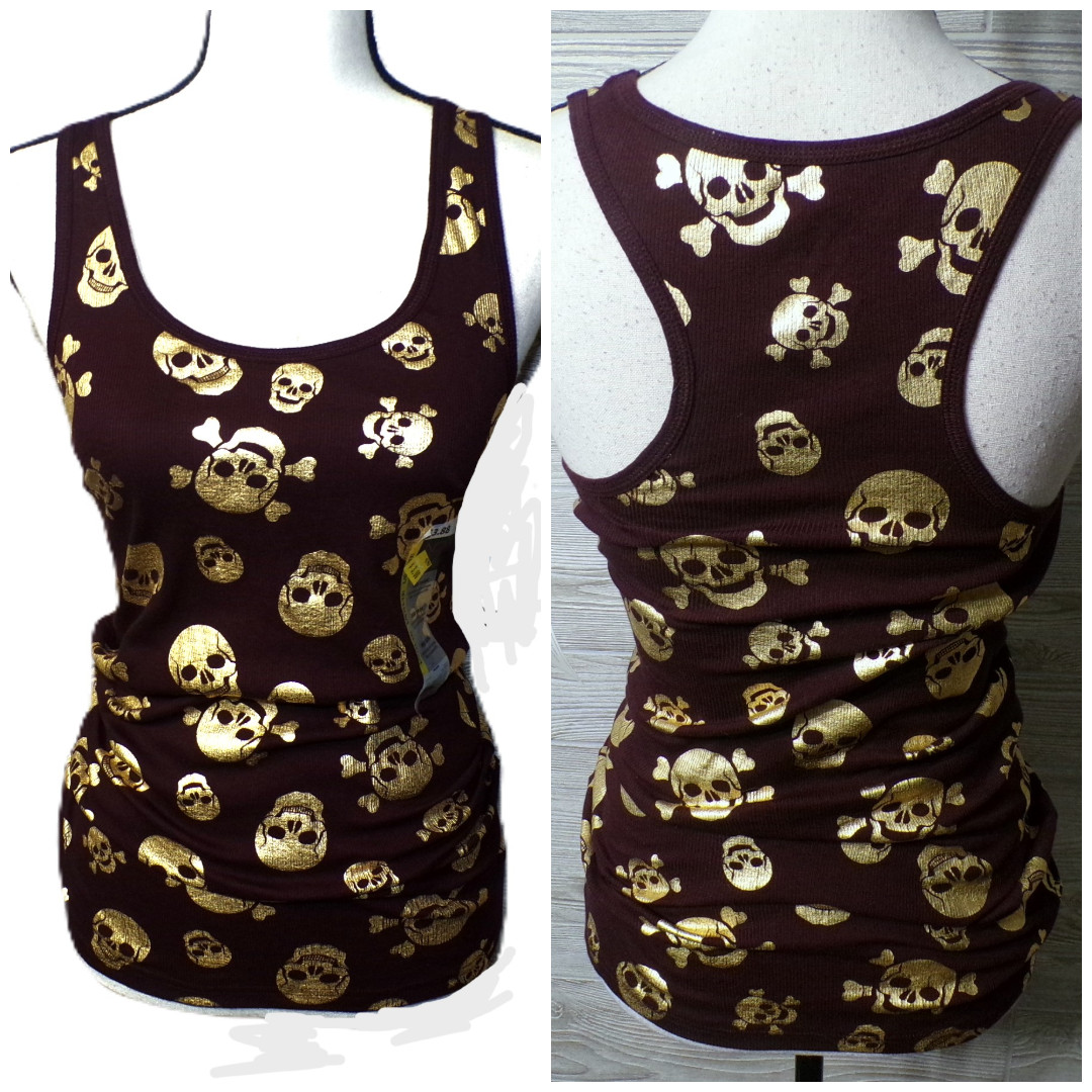 Y2k Ribbed Tank L Long fitted Burgundy Gold Skulls Racer Gothic Grunge Nwt Vtg