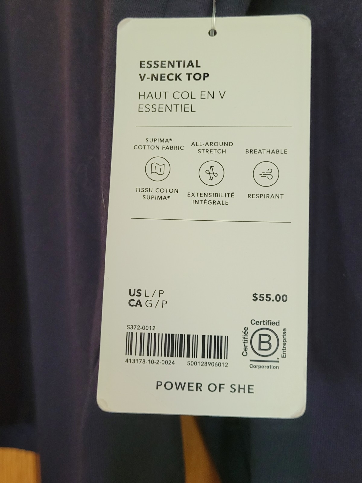 Athleta Size L Essential V Neck Tee Navy Women Cotton Blend Top Short Sleeve NWT