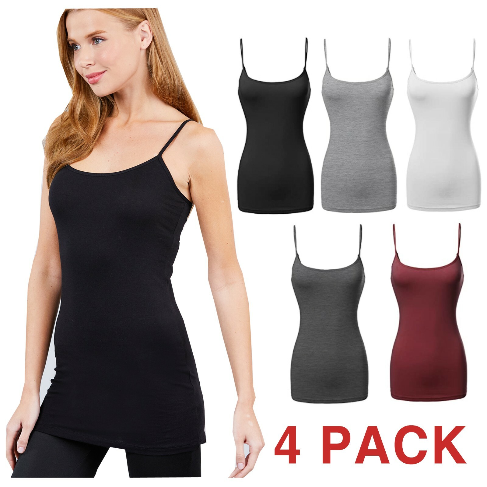 [4 PACK] Women Cami Tank Top Long Layering Casual Basic Camisole Plain Plus Size