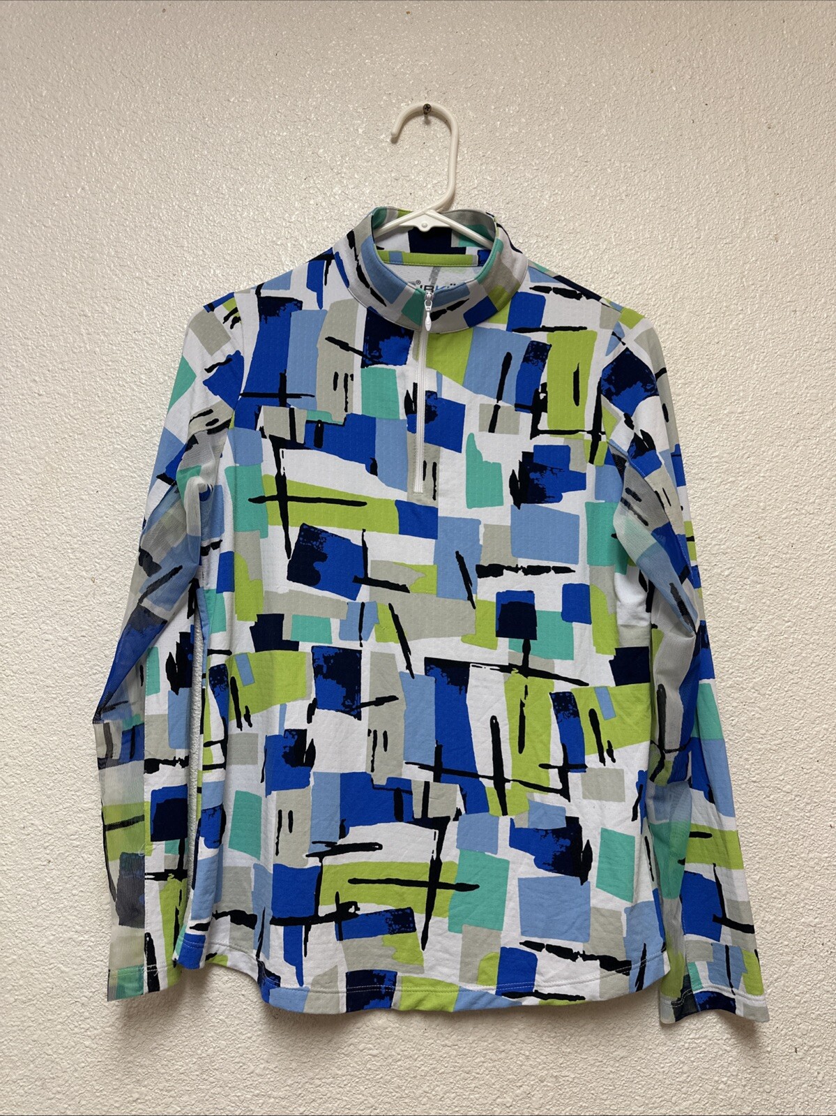 IBKUL Pullover Mesh Long Sleeve Shirt Women’s 1/4 Zip Colorful Geometric Sz S