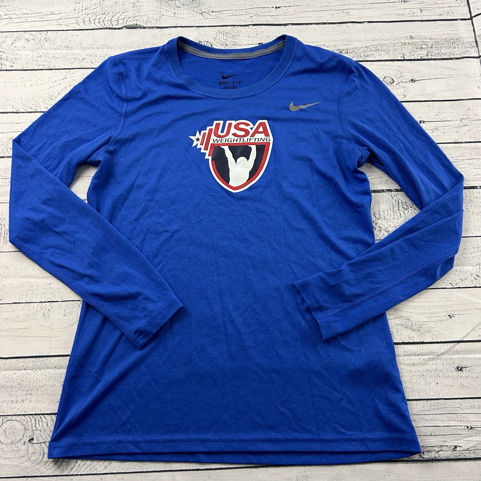 Nike Dri-Fit USA Weightlifting Long Sleeve T Shirt Women’s Medium Blue
