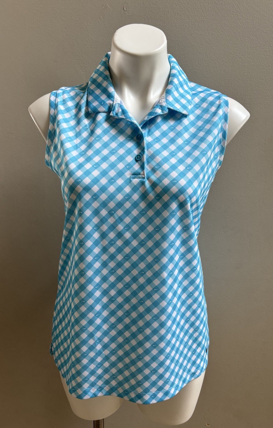 Nike Teal Blue White Gingham Plaid Golf Polo Top Tank Medium M Dri-fit