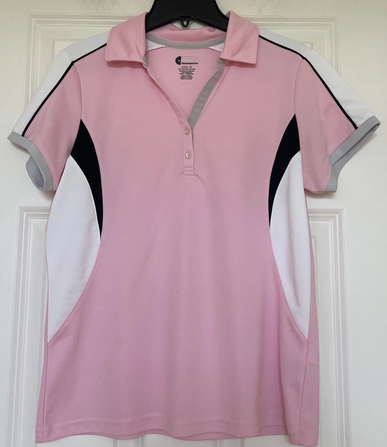 Izod Cool Fx Short Sleeve Pink White 1/4 Button Top Women Size M Golf Tennis