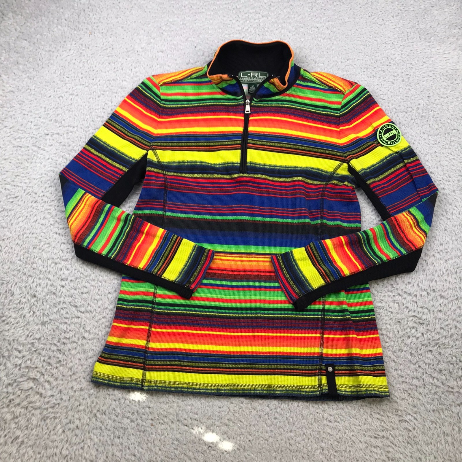 LRL Ralph Lauren Active 1/4 Zip Womens M Striped Thermal Waffle Knit Pullover
