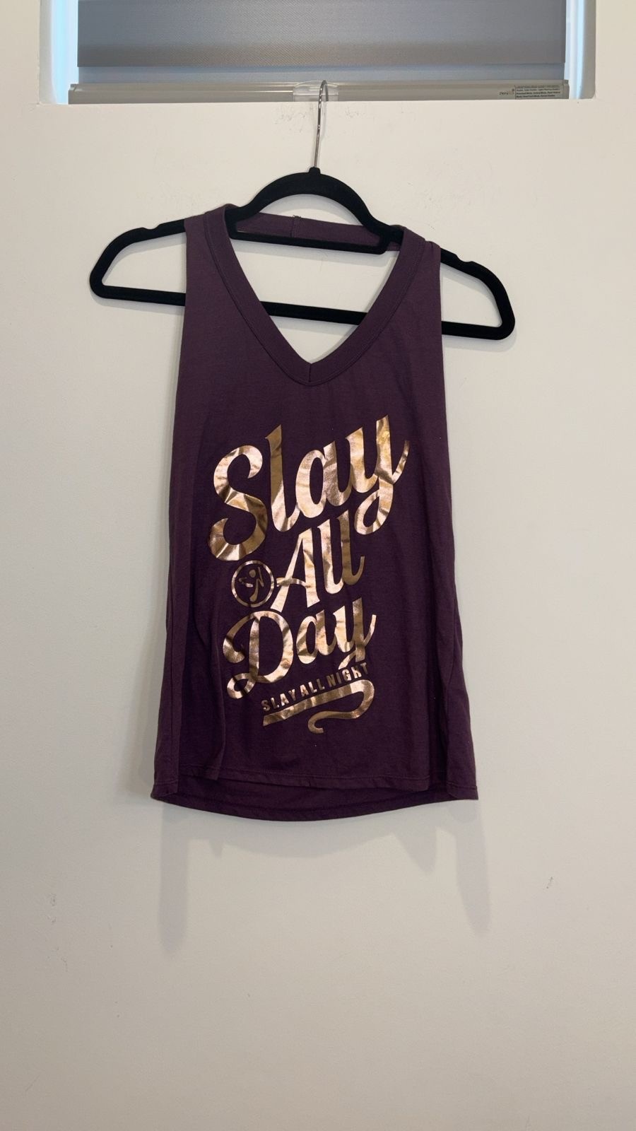 Zumba Wear Spicy Plum Purple Tank Top Slay All Day Graphic Open Back Small