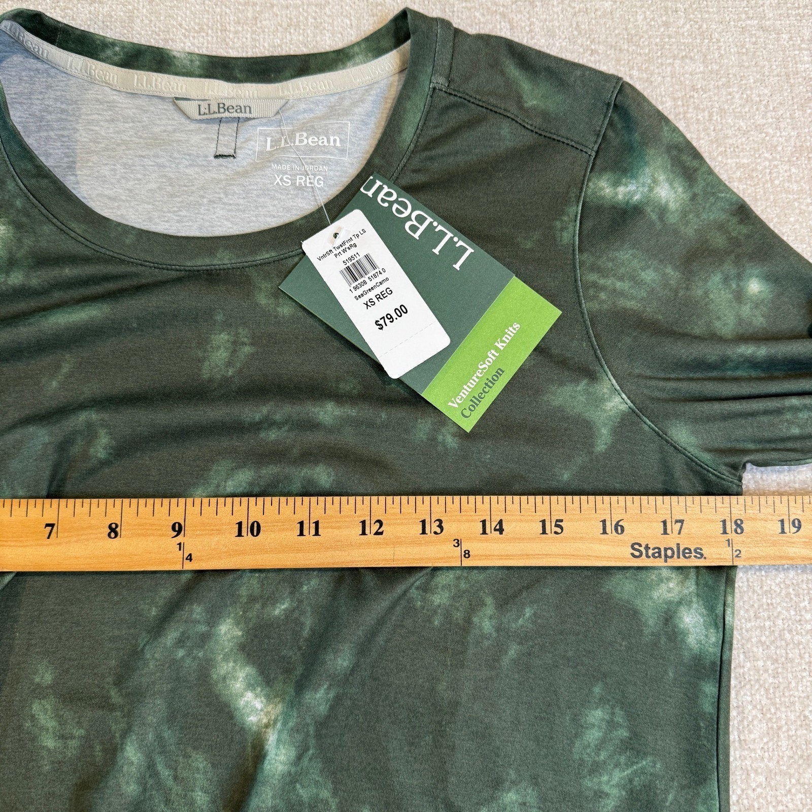 LL Bean VentureSoft Twist Front Long Sleeve Shirt Sea Green Camo XS NWT 519511