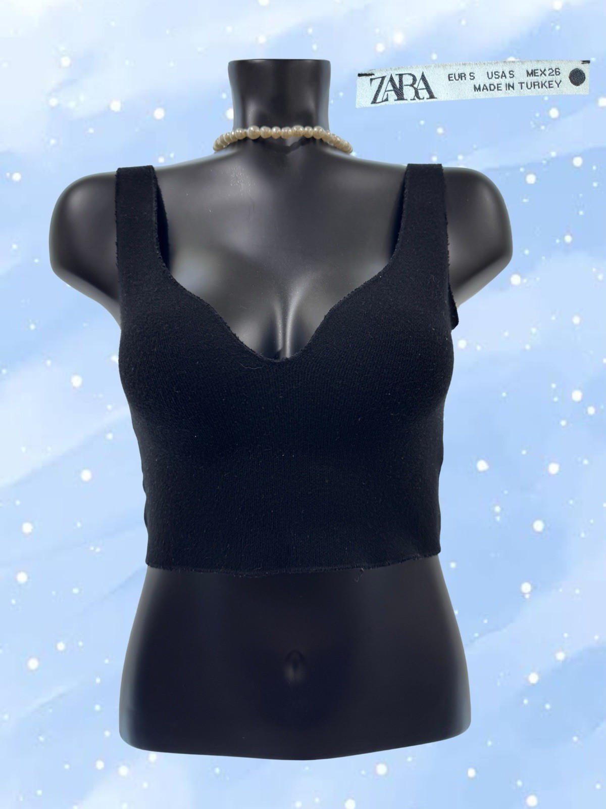 ZARA Women’s Black V-Neck Cropped Tank Top Stretch Knit Slim Fit Size S
