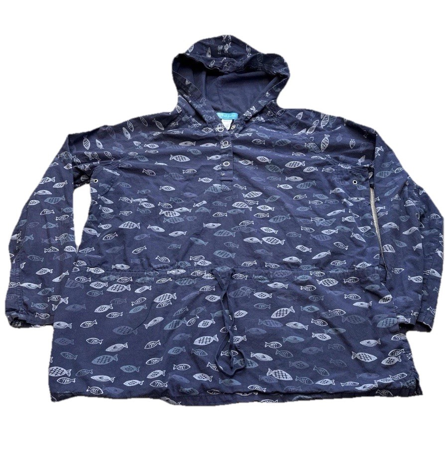 Fresh Produce Hoodie Pullover Blue/White Fish Print Drawstring Tunic Beach Sz M