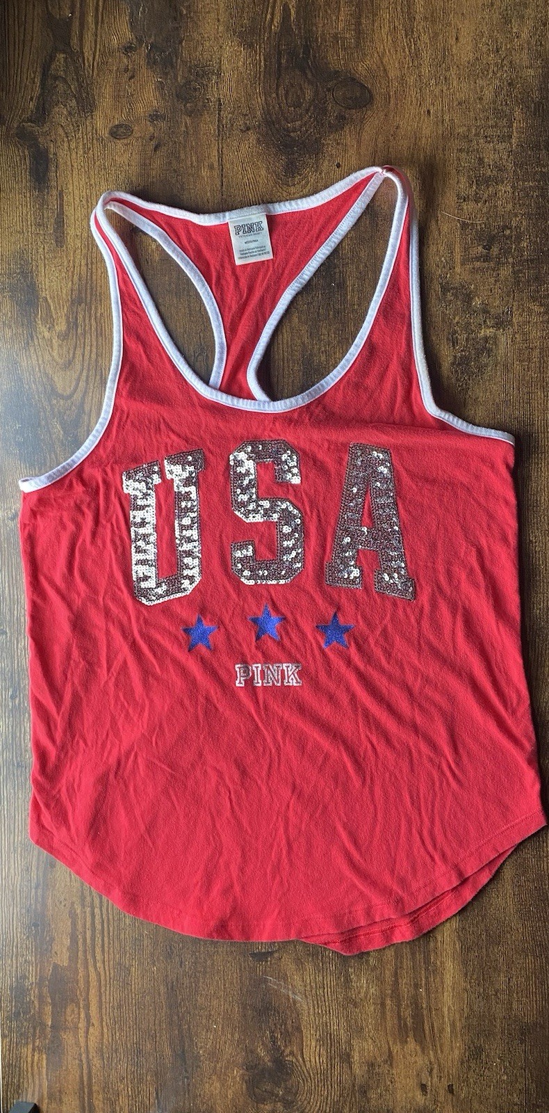 PINK Victoria’s Secret Red USA Graphic Sequin Racerback Scoop Neck Tank Top M