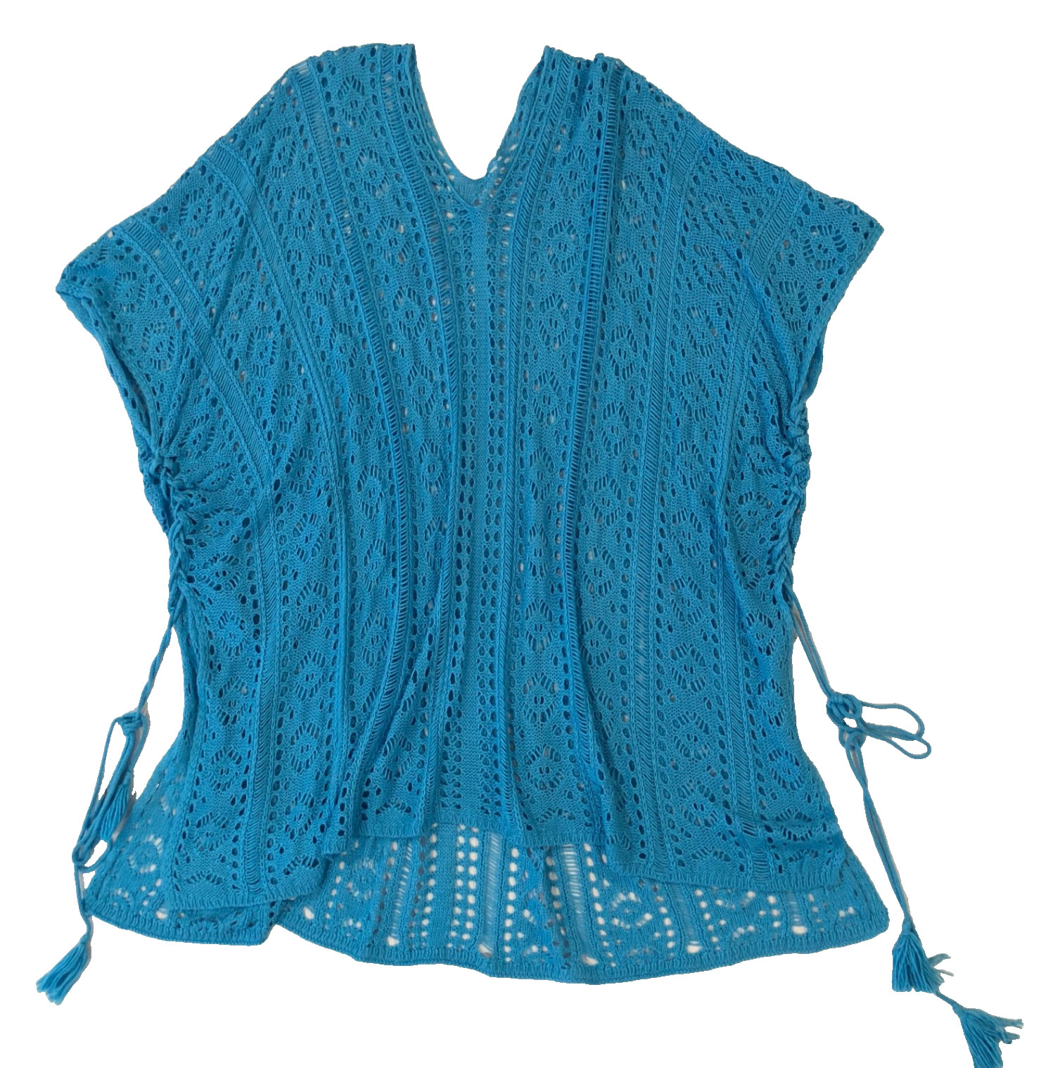 Teal Crochet Knit Poncho V-Neck Tassel Side Tie Swim Cover Up Top Womens OS