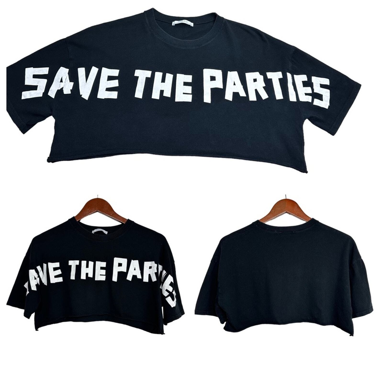 Zara Black Cropped Tee Top SAVE THE PARTIES Size Small Graphic Goth Punk Party