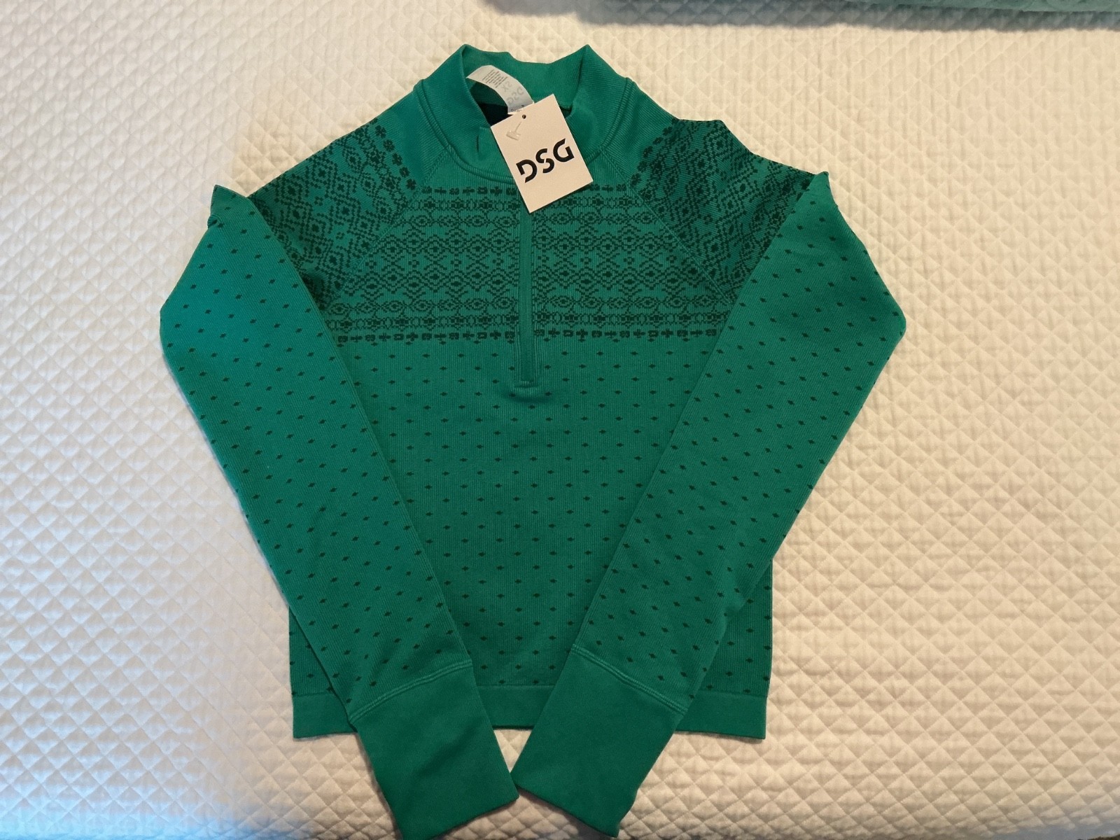DSG 1/4 Zip Small Seamless Green Fair Isle Womens Long Sleeve Top Size XS NWT