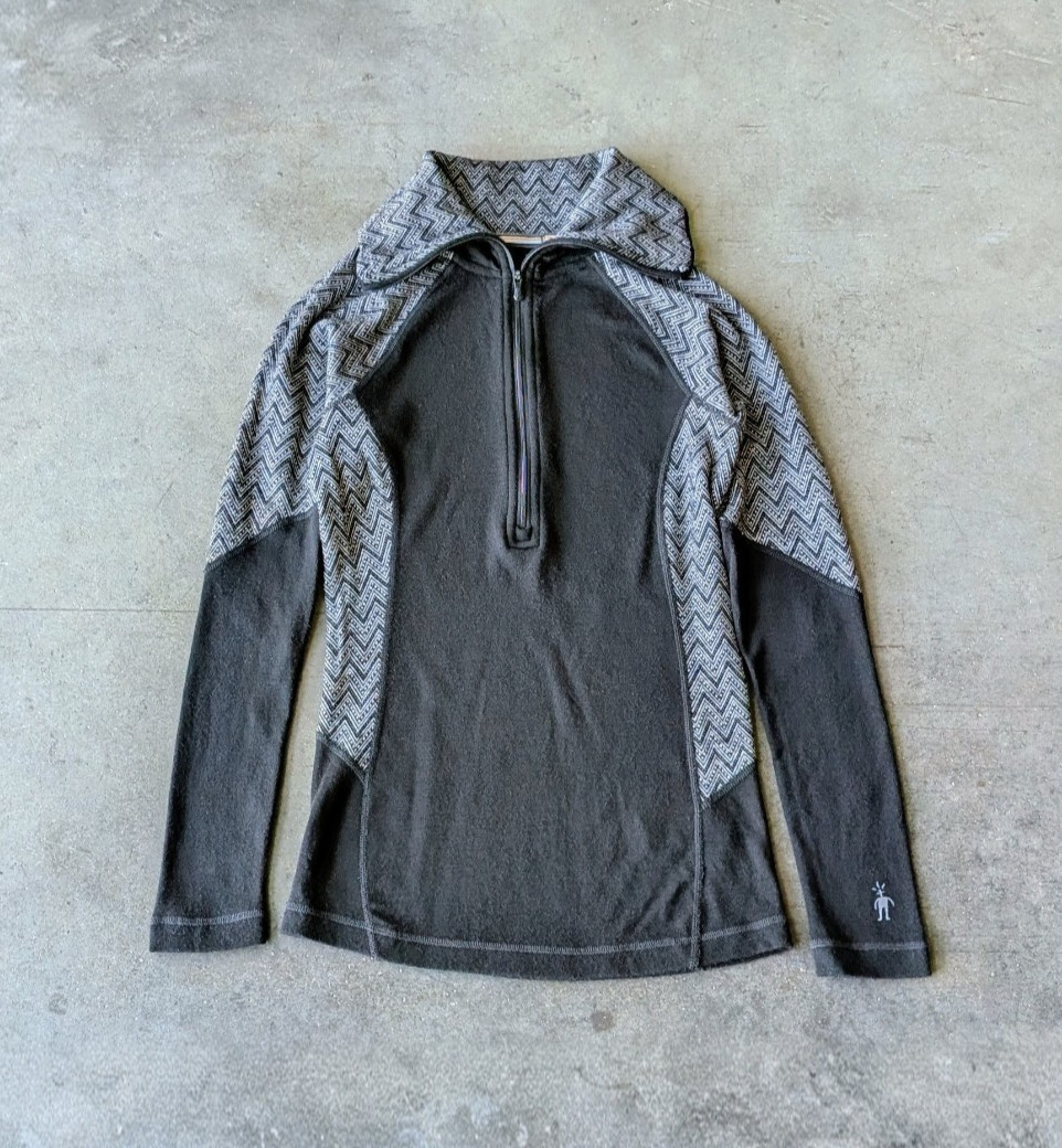 Smartwool Merino Wool Half Zip Black Gray Patterned Long Sleeve Top small