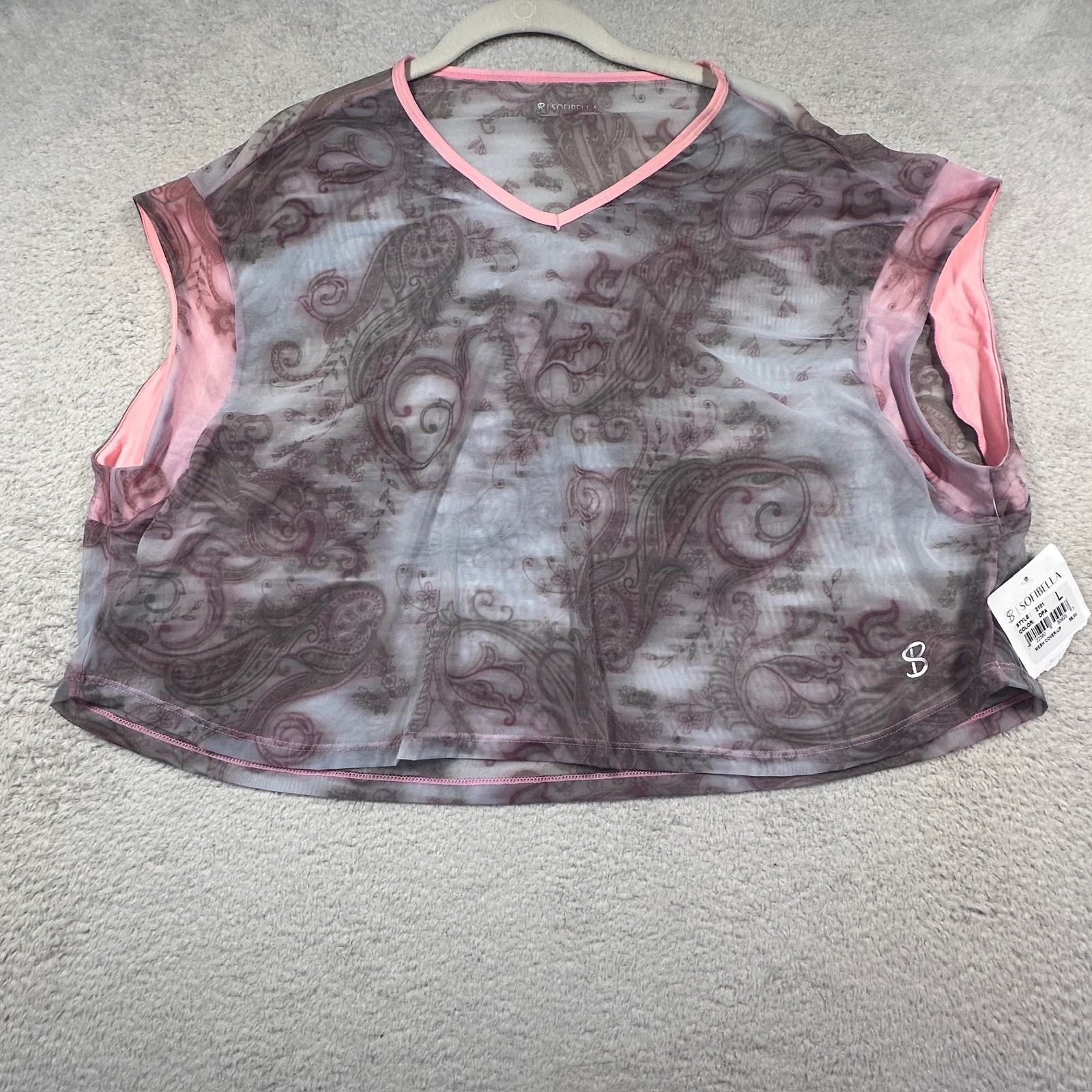 Sofibella Mesh Cover-Up Top Paisley Print Athletic Activewear Pink Trim L NWT