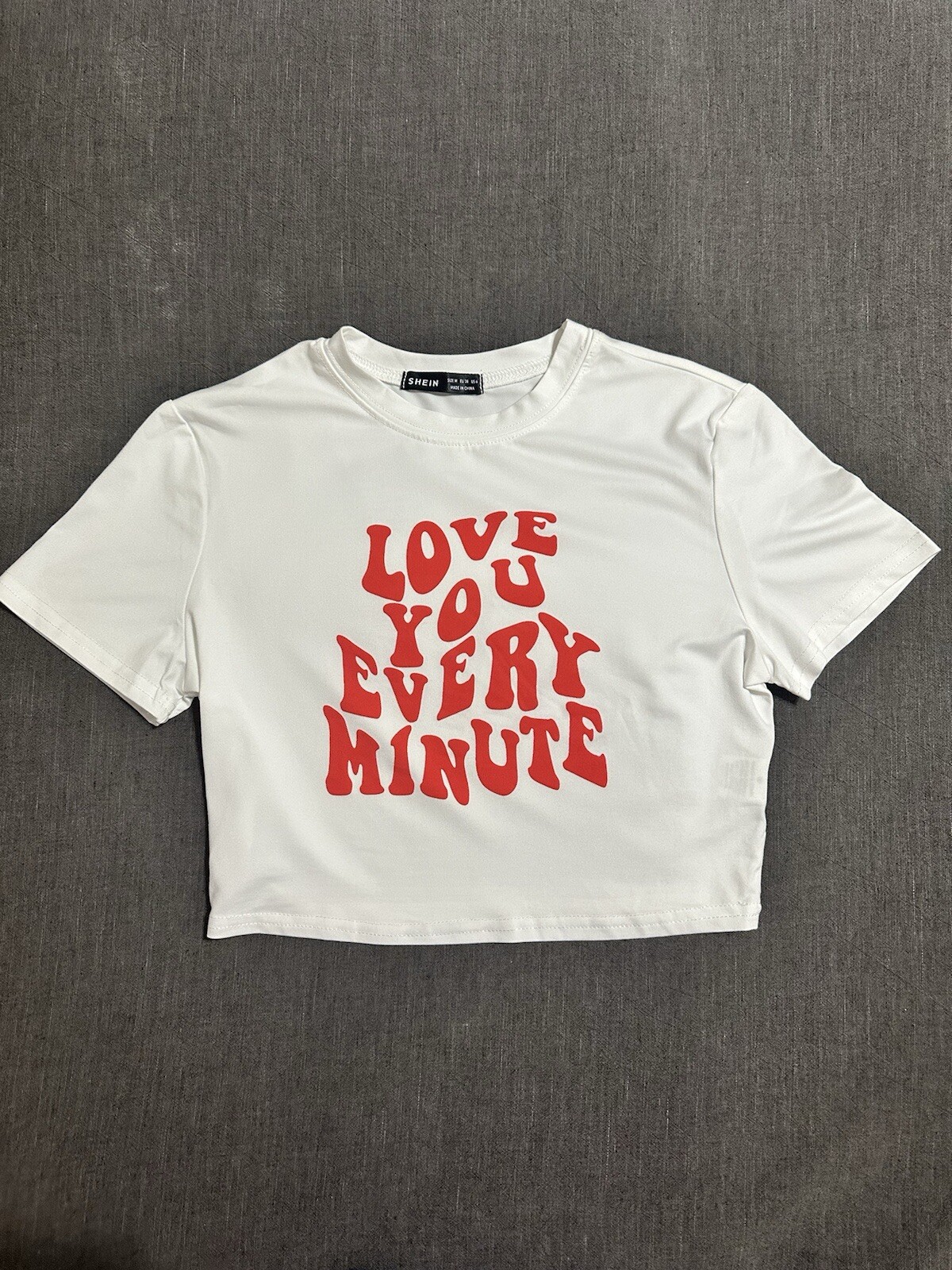 SHEIN Women’s White And Red Crop-Top “Love You Every Minute” T Shirt Size 6