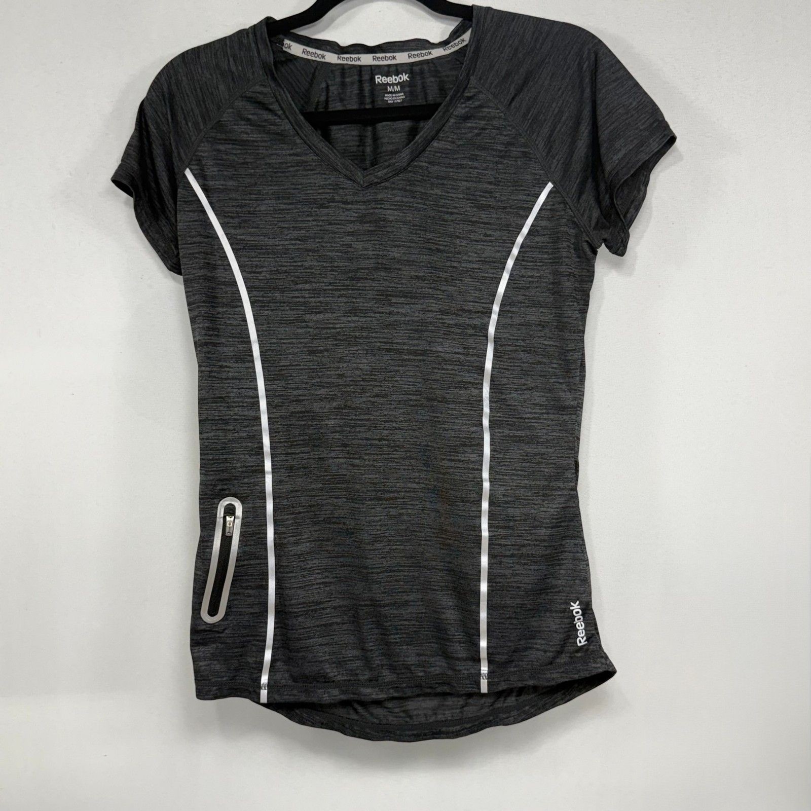 Reebok Heather Grey Polyester V-Neck Running Tee Side Zip Pocket Size M Medium