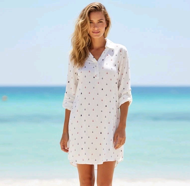 Forcynthia Beachwear Womens Linen Popover Tunic Swim Coverup S Sailing Coastal
