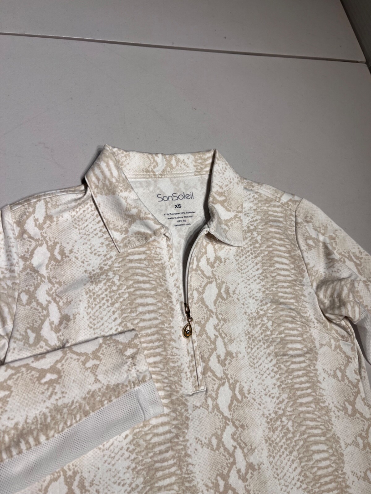 San Soleil Shirt Women’s XS Tan White Animal Print 1/4 Zip Pullover UPF