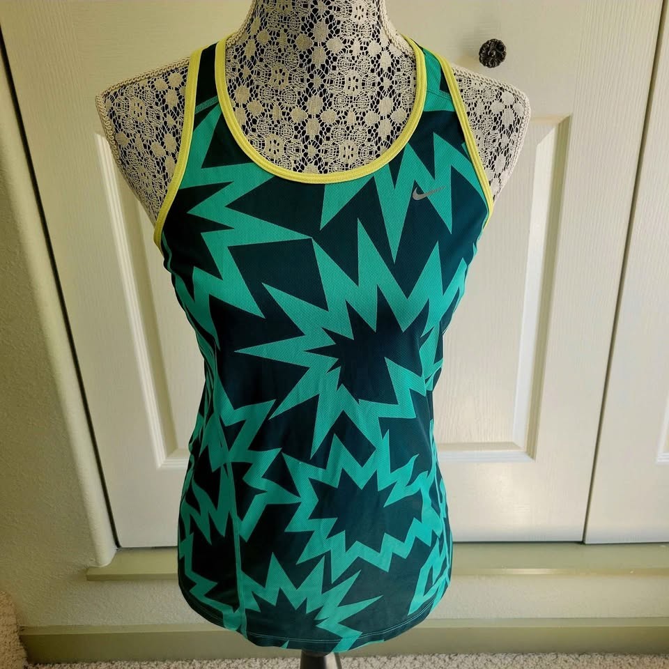 Women’s Nike Dri-FIT Racerback Tank Top Teal/Black Geometric With Yellow Trim