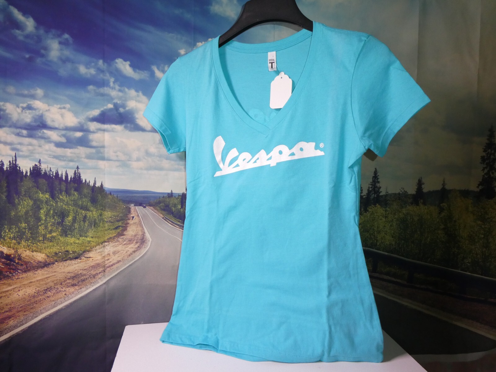 Vespa T-Shirt Ladies V-Neck Dealer Logo Super Soft Cotton Scooter Tee VT16/2X L8