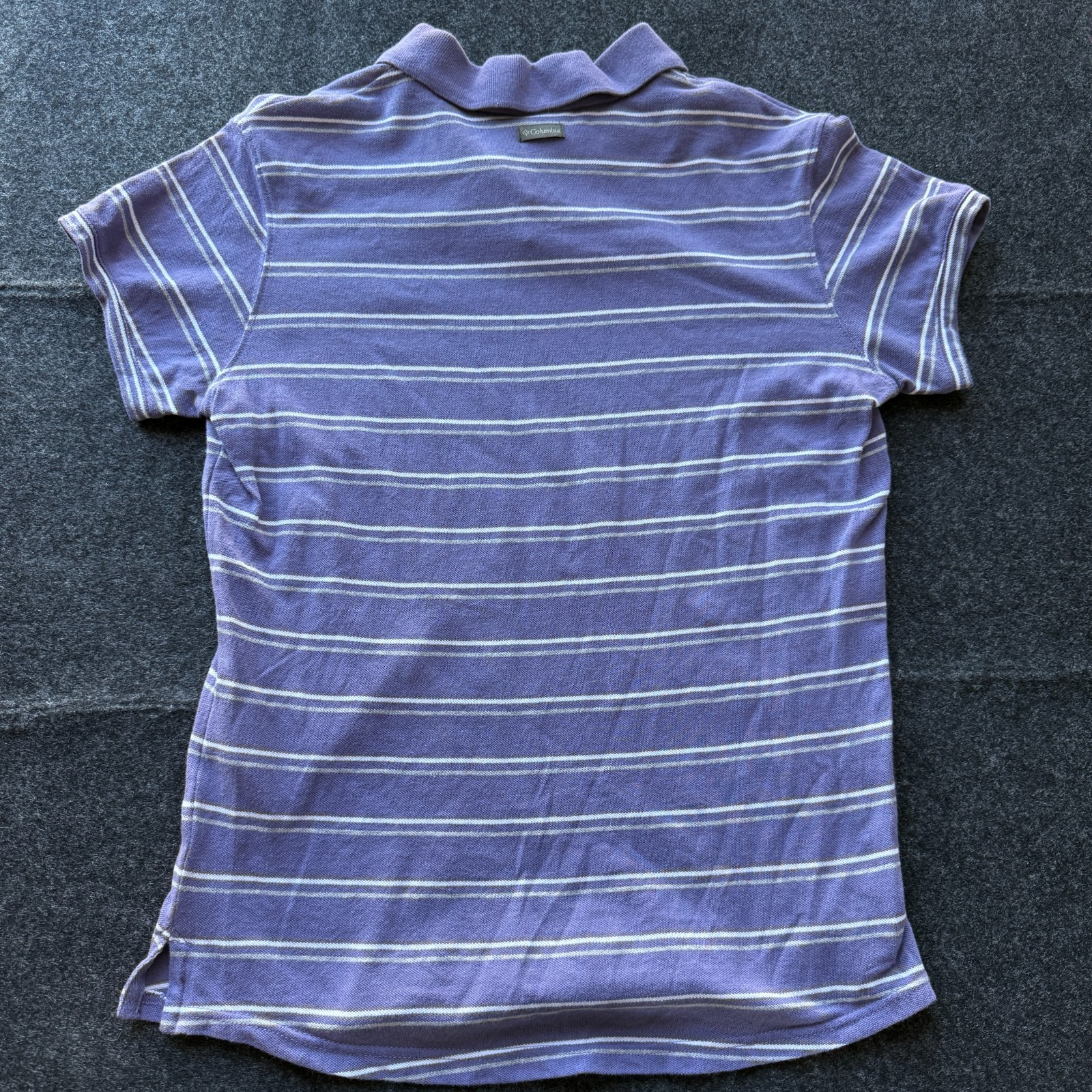 Columbia Women’s Medium Striped Polo Shirt Purple White Stretch Cotton