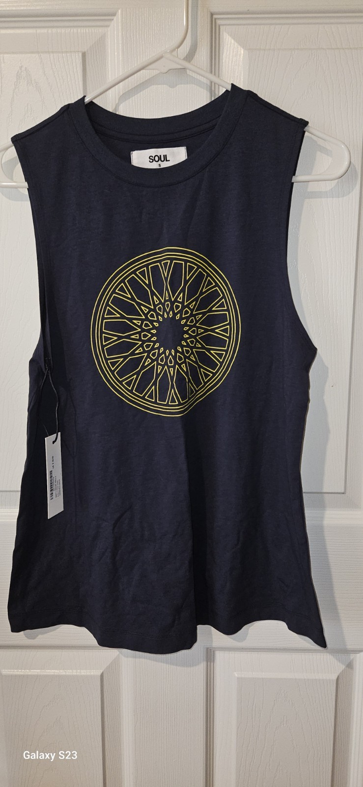 SOUL SoulCycle Evelyn Tank Wheel Muscle Tank Graphic Navy/Yellow S Crew