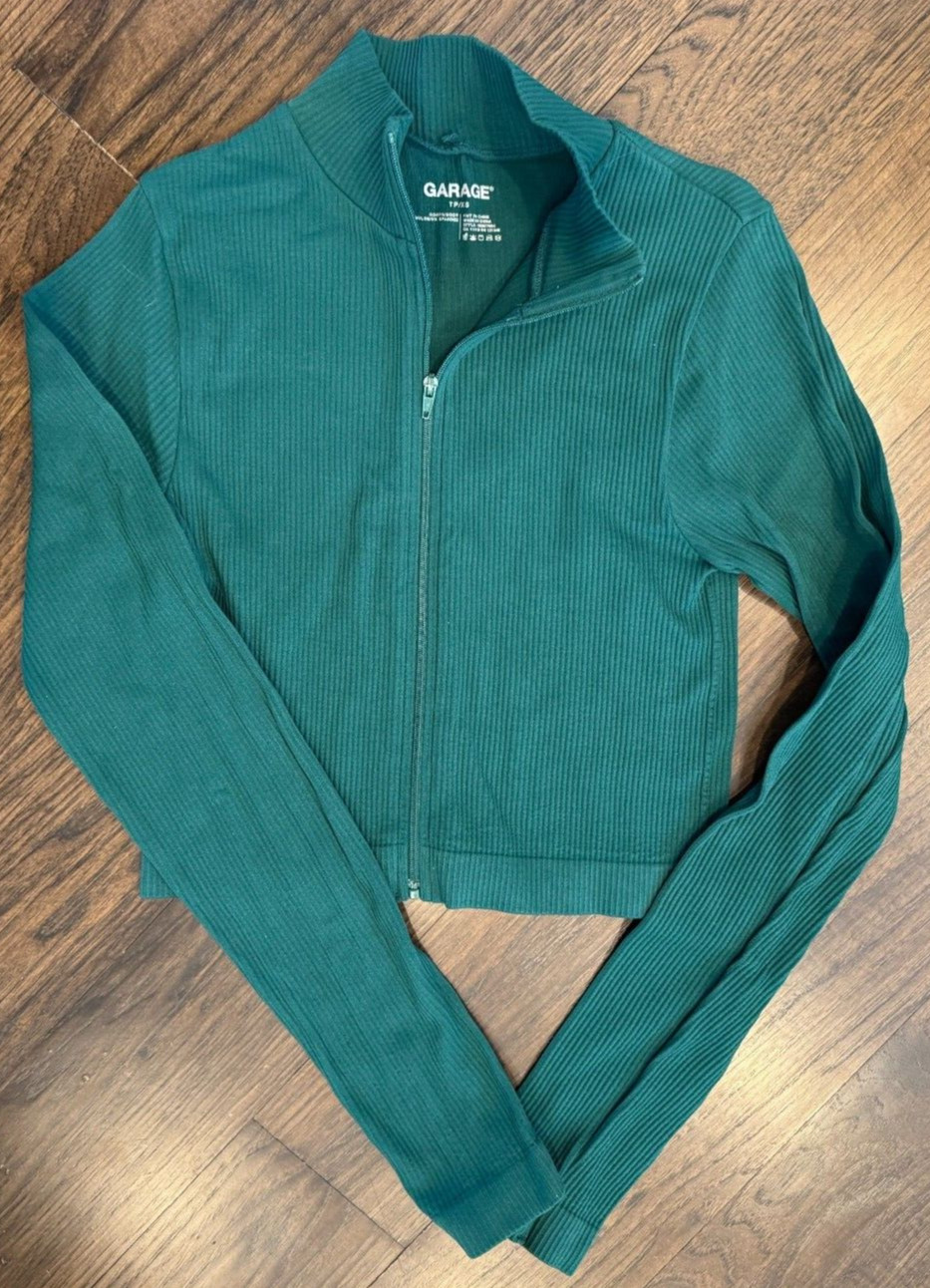 Garage Body brand green ribbed cropped full zip up long sleeve jacket size XS