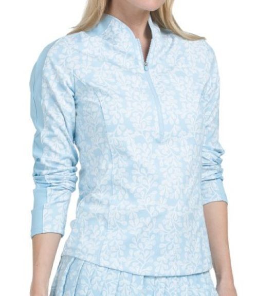 NWT SIGRID OLSEN Light Blue & White Vine Stamp Long Sleeve Mock Golf Shirt – XL