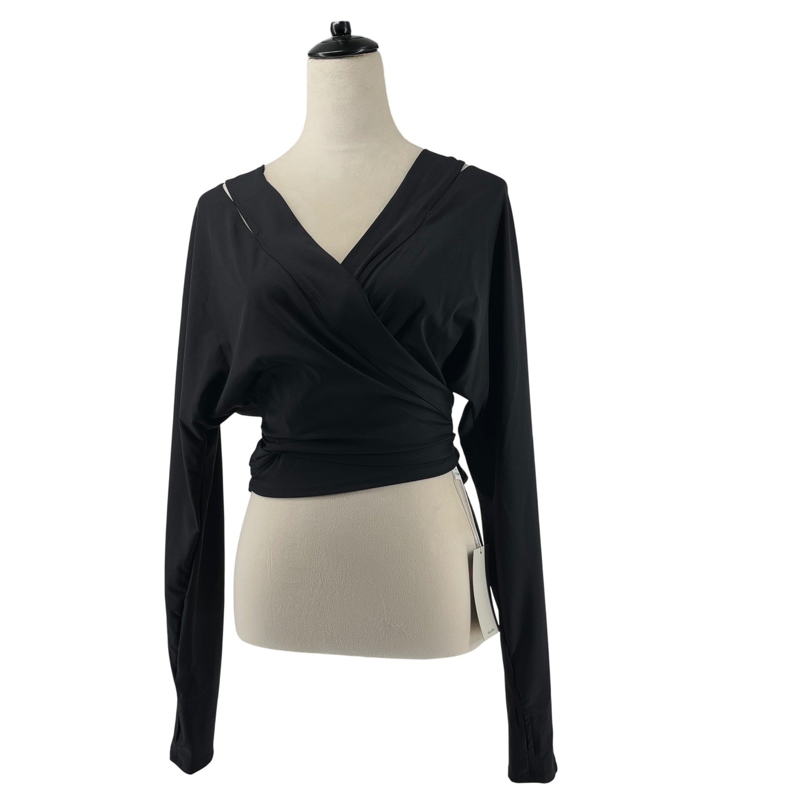 Halara Wrap Top, Women, XL, Black, Long Sleeve V-Neck Tie Back Thumbhole MC8IS