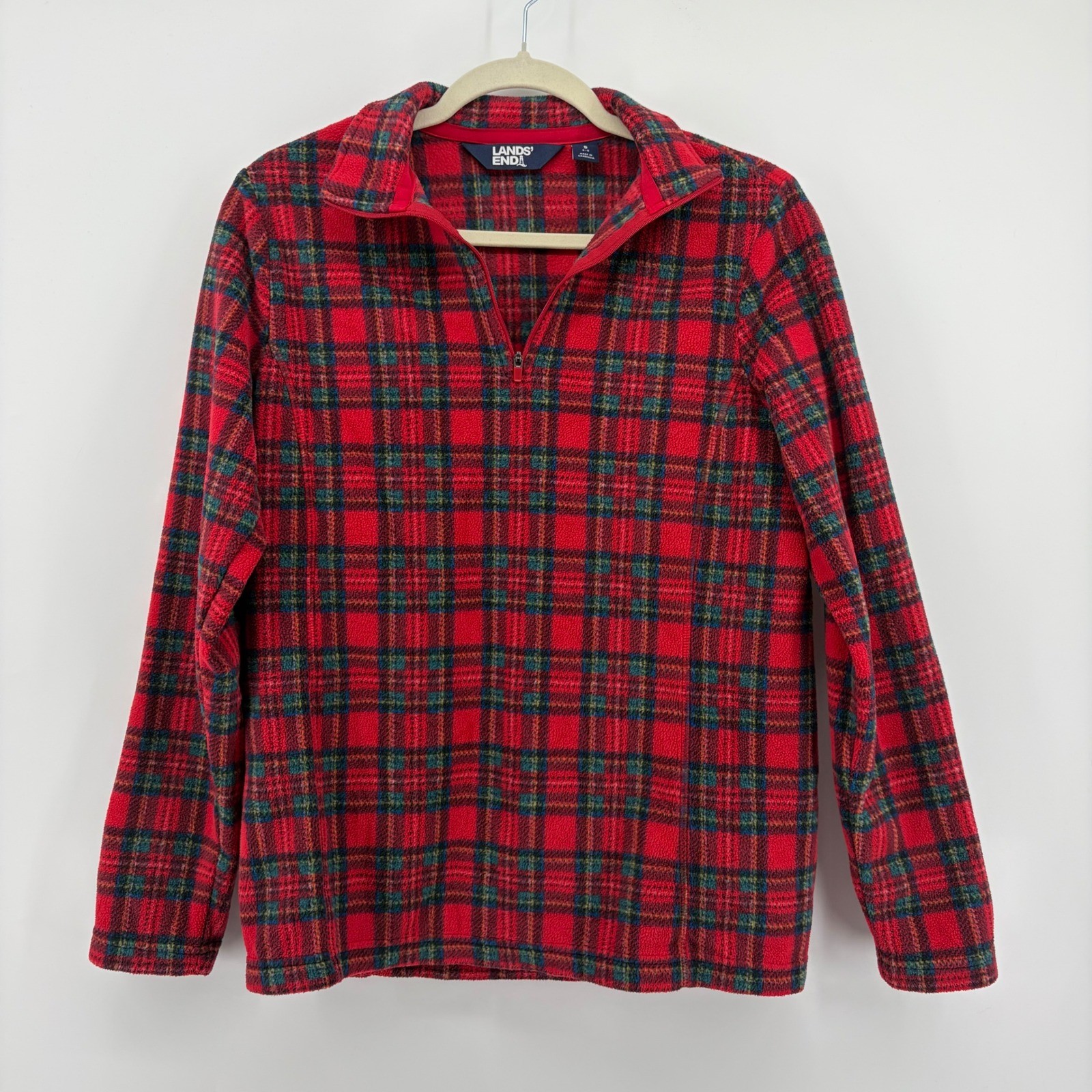 Lands End Fleece Pullover Red Women S Plaid Quarter Zip Long Sleeve Tartan Top