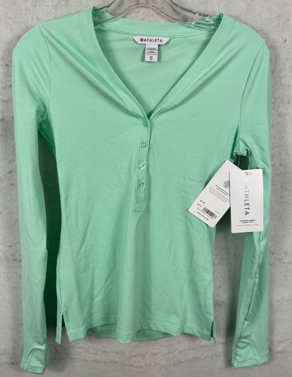 ATHLETA Uptempo Ribbed Henley Button Thumb L/S Top Mint Green Women XS $69 NEW