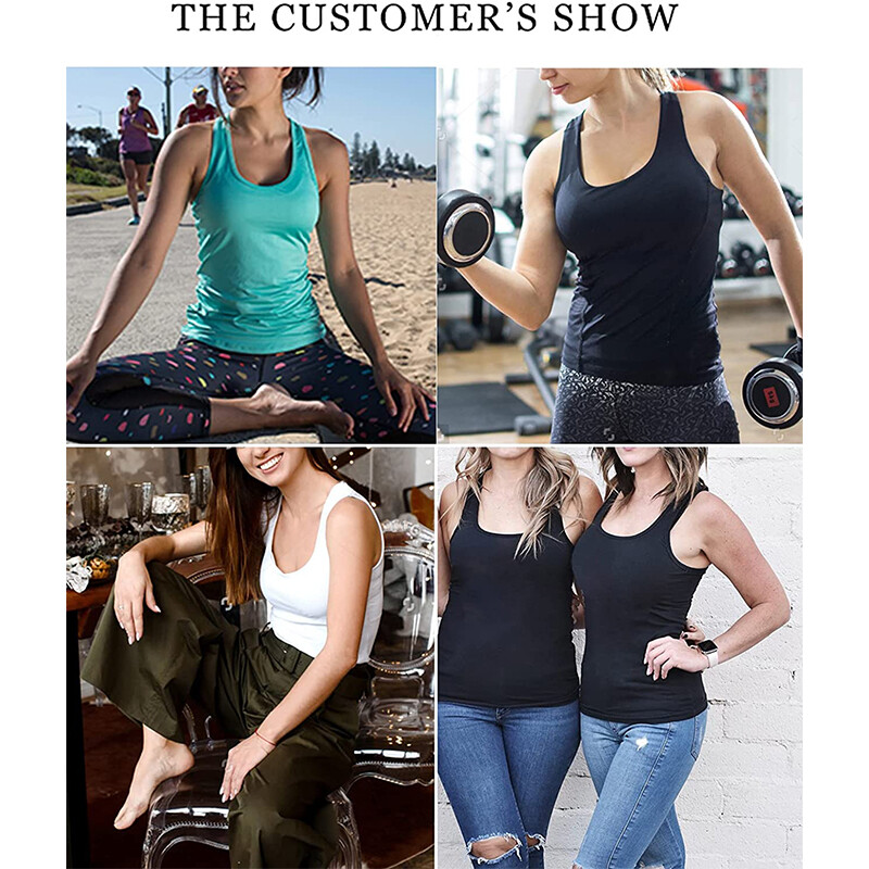 Women’s Solid Basic Scoop Neck Racerback Tank Top With Built in Shelf Bra Shirts