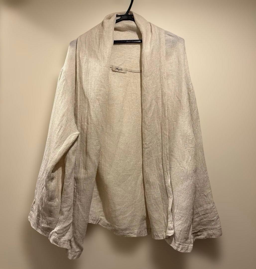 ICHI Antiquites 100% Linen Waffle Knit Open Front Long Cardigan Beige Japan
