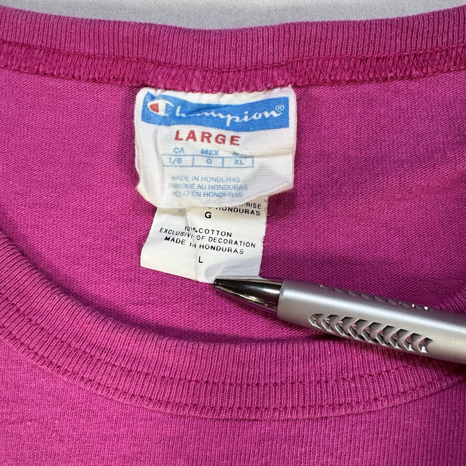 Champion Women’s Magenta Logo T-Shirt L Pink Blue 3D Script Y2K Streetwear