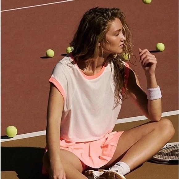FREE PEOPLE MOVEMENT White “Good Sport” Mesh Back Muscle Tank Top Neon Trim S