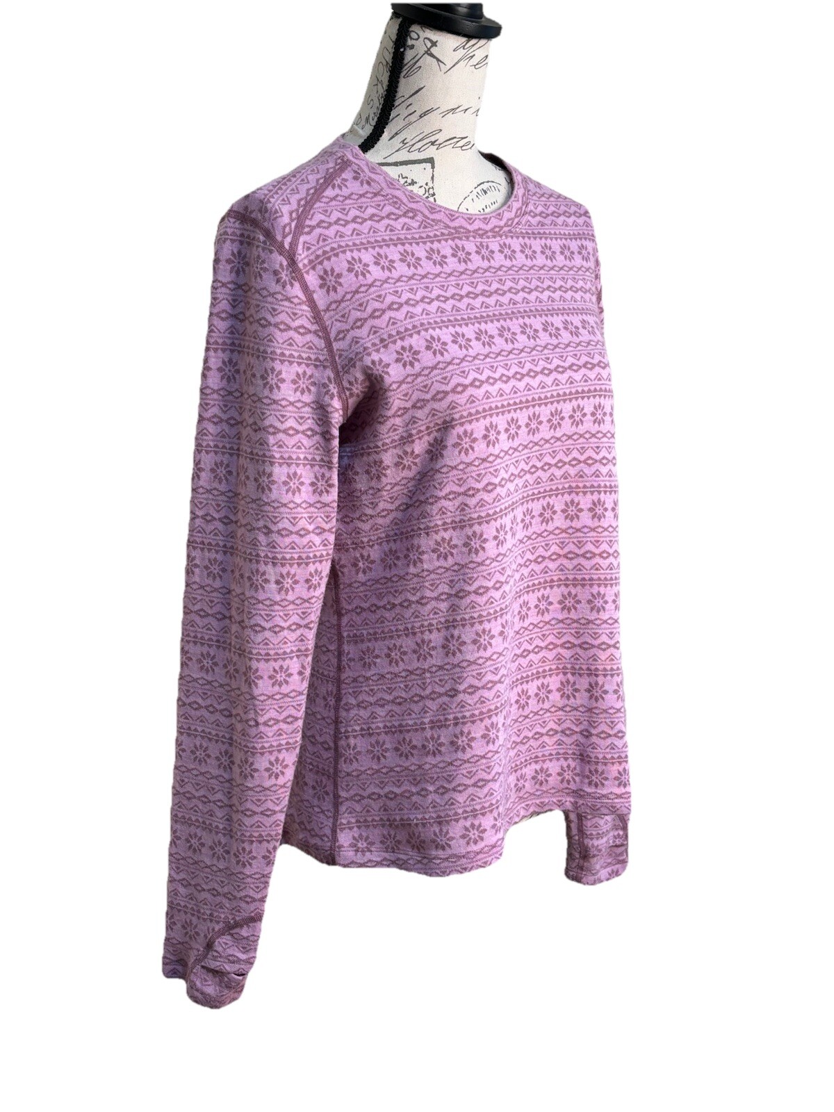 Terramar Merino Woolskins Women’s Long Sleeve Pullover Top Pink Fair Isle Large