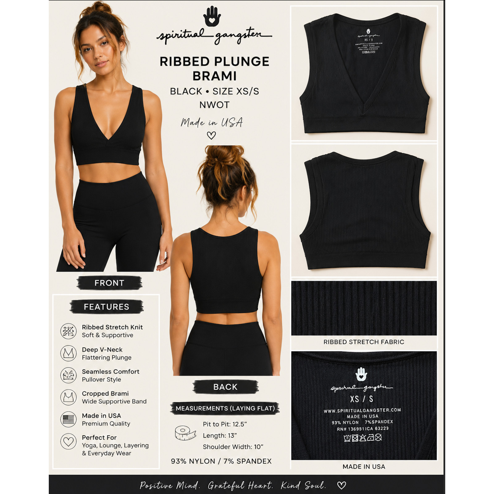 Spiritual Gangster Black Ribbed V-Neck Seamless Brami Crop Top XS/S NWOT