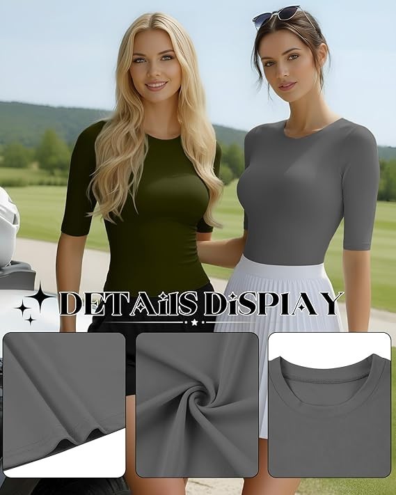3Pack Ladies Workout Shirts Compression Tops Slim Fit Elbow Length T-Shirts